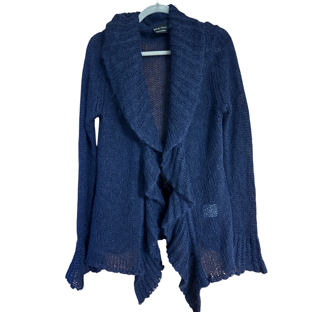 Ritva Falla Marimekko Navy Mohair Blend Ruffle Shawl Open Front Cardigan Medium